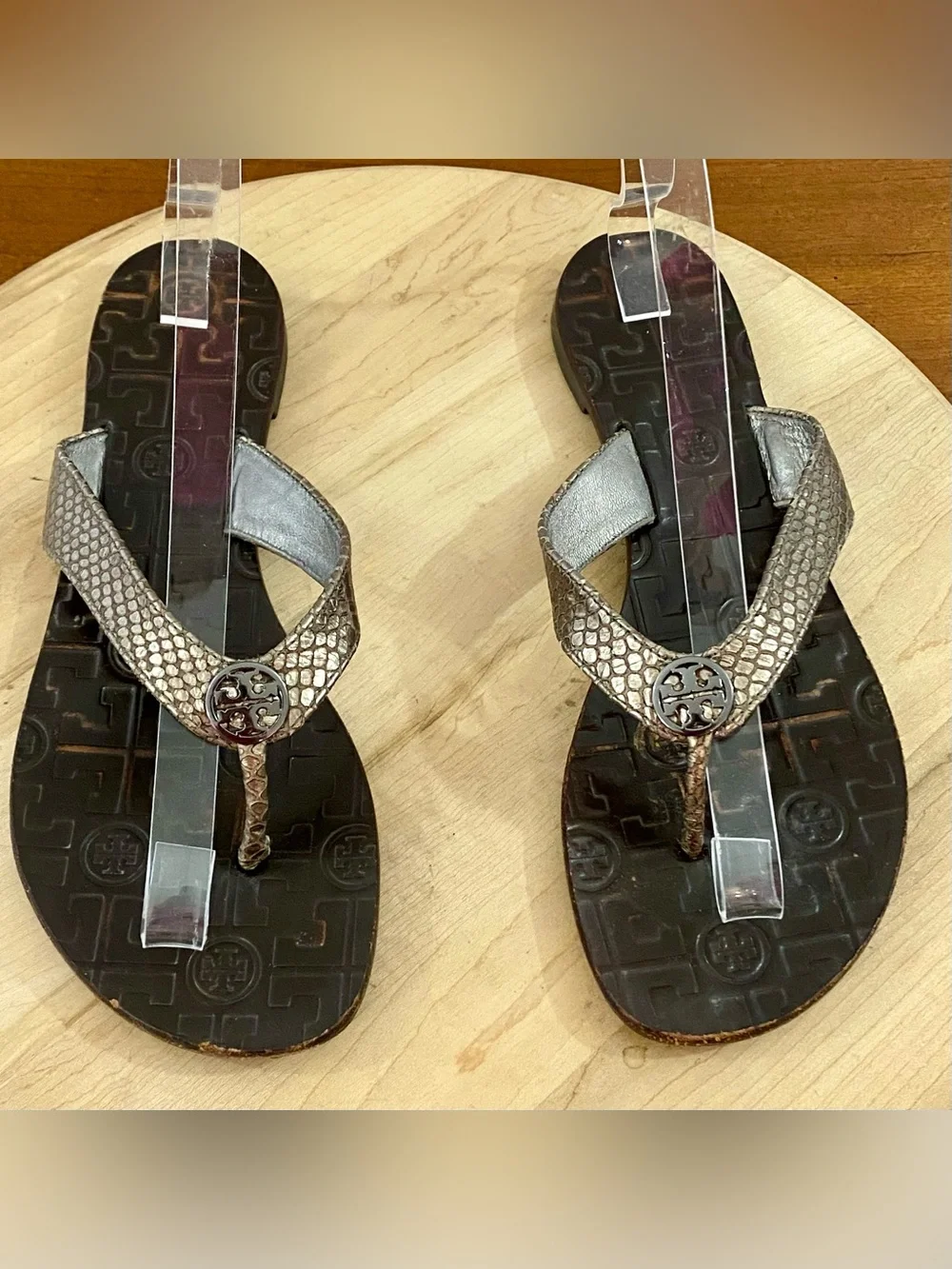 Tory Burch Thora Thong Flip Flop Sandals Snakeskin Brown Leather Metallic Sz 9 M